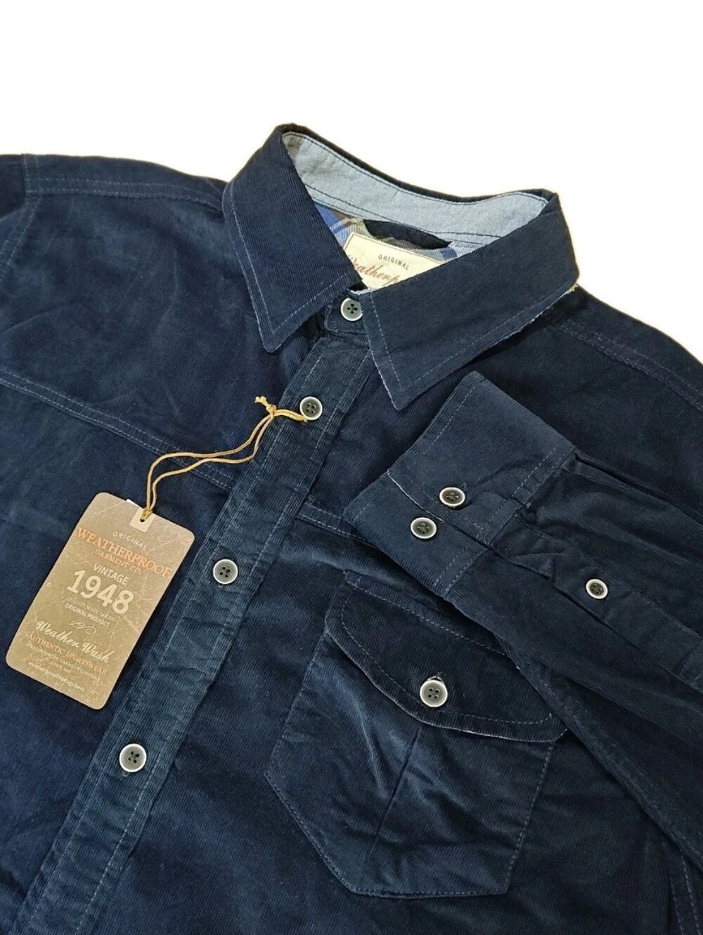Weatherproof Vintage Men M Corduroy Pocket Shirt Navy Weather Washed Button Nwt